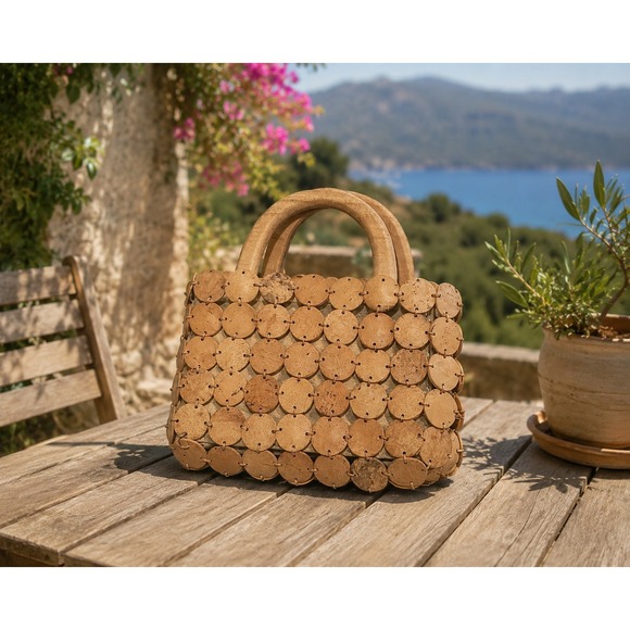 The Unbranded Brand Handbags - Vintage Wood Disk Beaded Light Brown 2 Top Handles Bag  with Boho Vibes